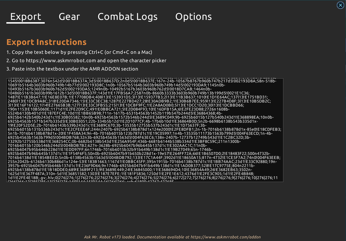 AMR addon export tab showing export string