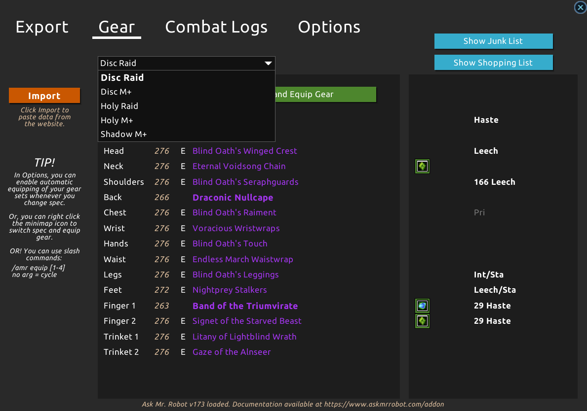 AMR addon gear tab with setup dropdown open