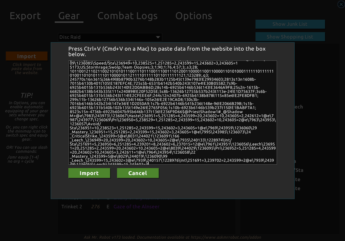 AMR addon gear tab import dialog