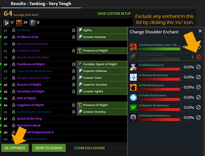 Best in Bags result showing how to exclude an enchant in Classic WoW